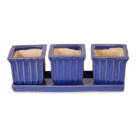 BLUE SQUARE CERAMIC SMALL PLANTER SET OF 3