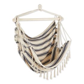 BLUE AND CREAM TICKING STRIPE HAMMOCK CHAIR WITH FRINGE TRIM