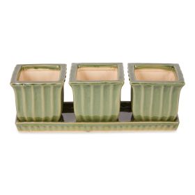 GREEN SQUARE CERAMIC SMALL PLANTER SET OF 3